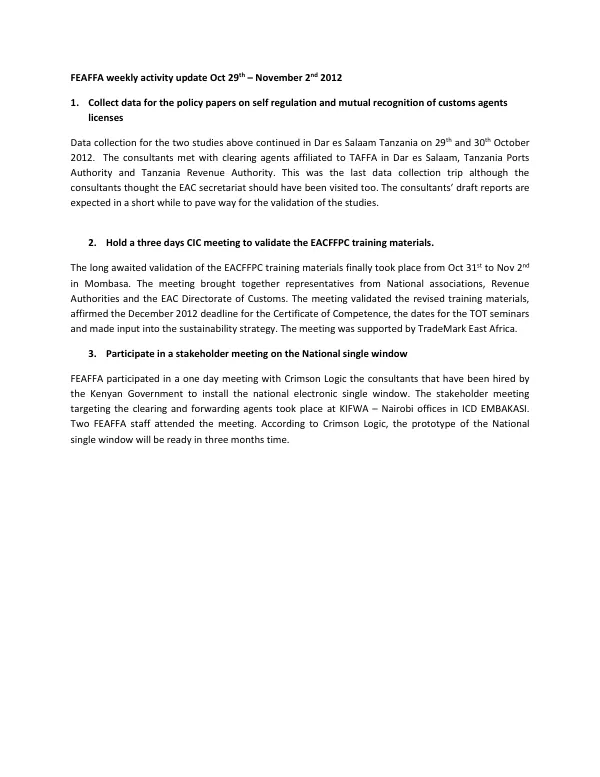 Weekly Activity Update Oct 29th – November 2nd 2012