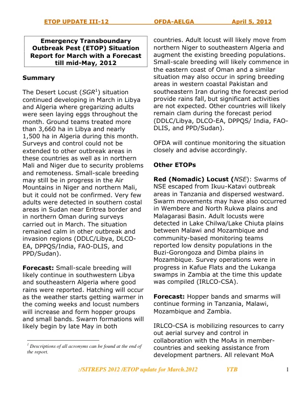 ETOP Situation Report for March with a Forecast until Mid-May