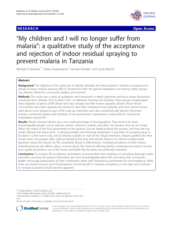 My children and I will no longer suffer from malaria: a qualitative study of the acceptance and rejection of indoor residual spraying to prevent malaria in Tanzania