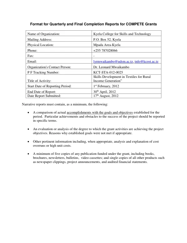 Format for Quarterly and Final Completion Reports for COMPETE Grants