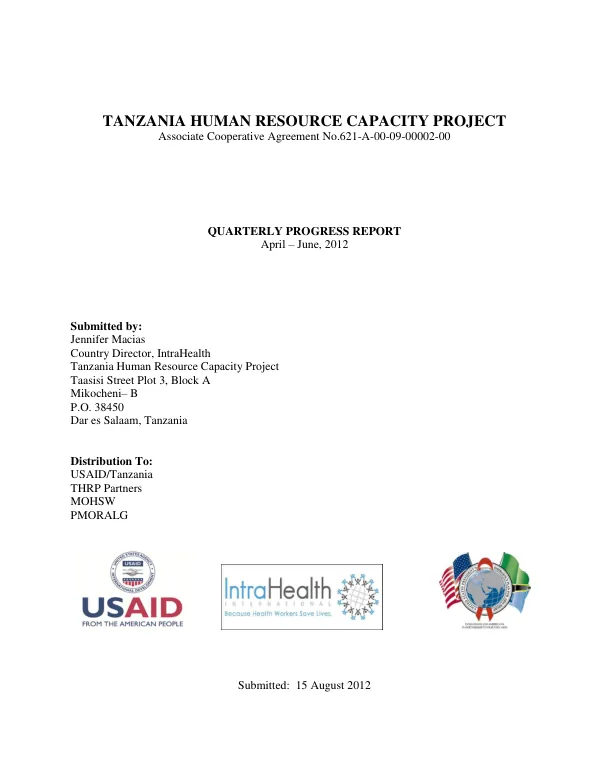 Tanzania Human Resource Capacity Project—Quarterly Report, April—June 2012