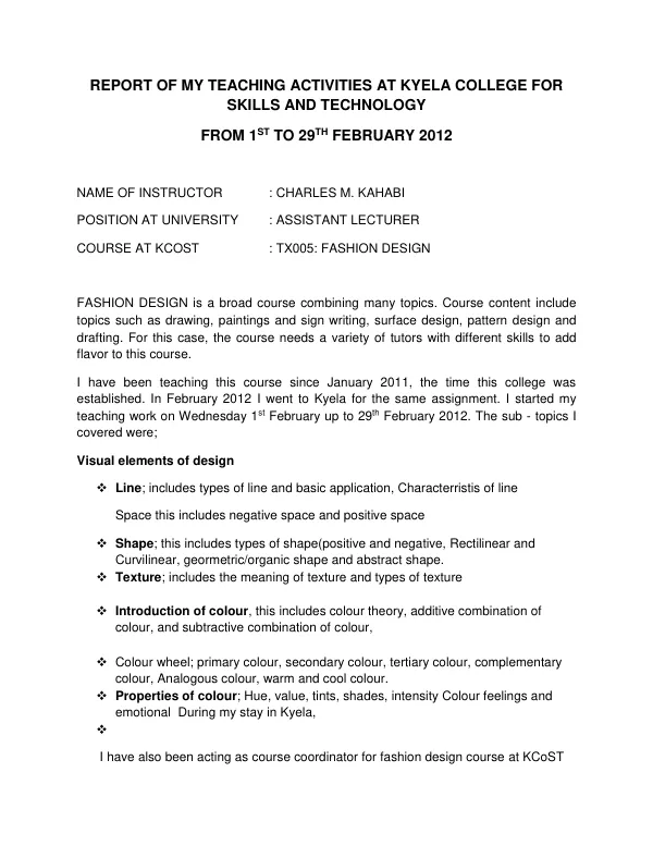 REPORT OF MY TEACHING ACTIVITIES AT KYELA COLLEGE FOR SKILLS AND TECHNOLOGY