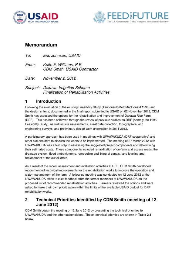 Finalization of Rehabilitation Activities for Dakawa Irrigation Scheme