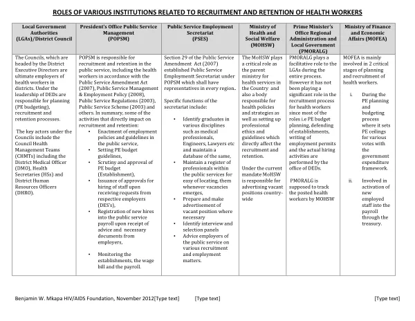 Roles of Various Institutions Related to Recruitment and Retention of Health Workers
