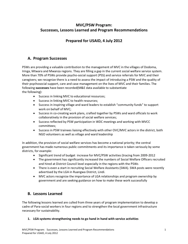 MVC/PSW Program: Successes, Lessons Learned and Program Recommendations