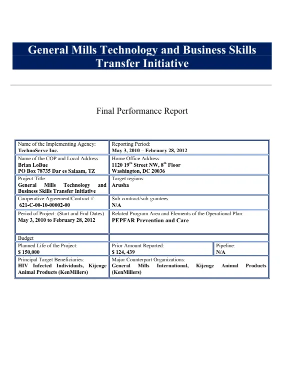 Final Performance Report: General Mills Technology and Business Skills Transfer Initiative