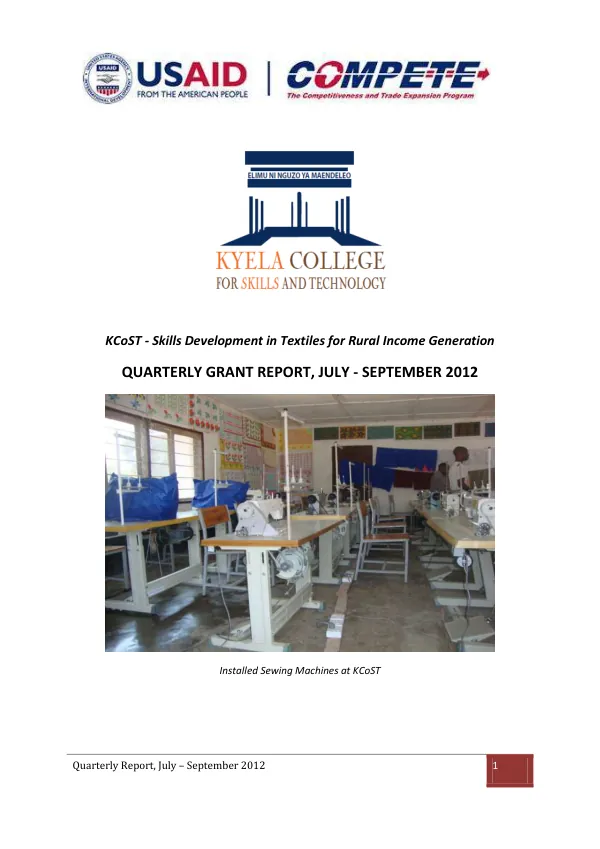 Quarterly Report, July – September 2012: Skills Development in Textiles for Rural Income Generation