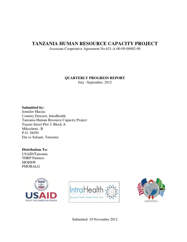 Tanzania Human Resource Capacity Project—Quarterly Report, July - September 2012