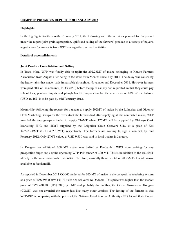 Compete Progress Report for January 2012