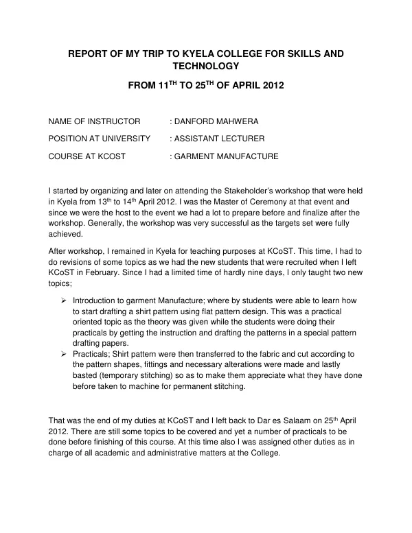 REPORT OF MY TRIP TO KYELA COLLEGE FOR SKILLS AND TECHNOLOGY