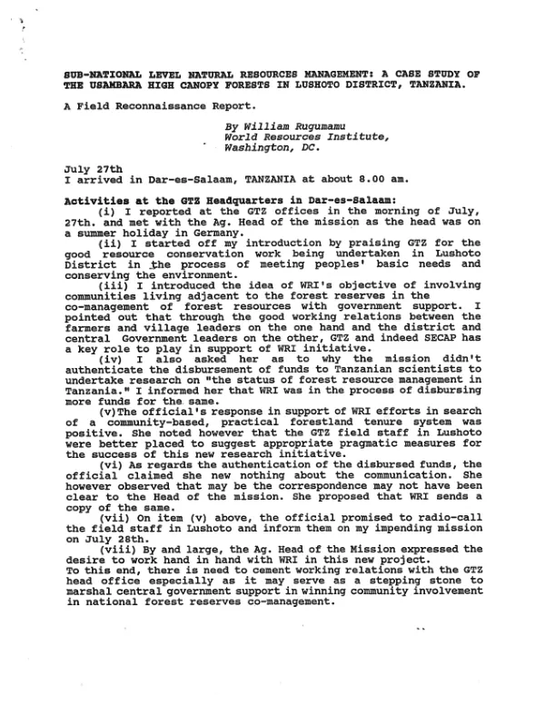 Sub-Natural Level Natural Resources Management: A Case Study of the Usambara HZGH Canopy Forests in Lushoto District, Tanzania