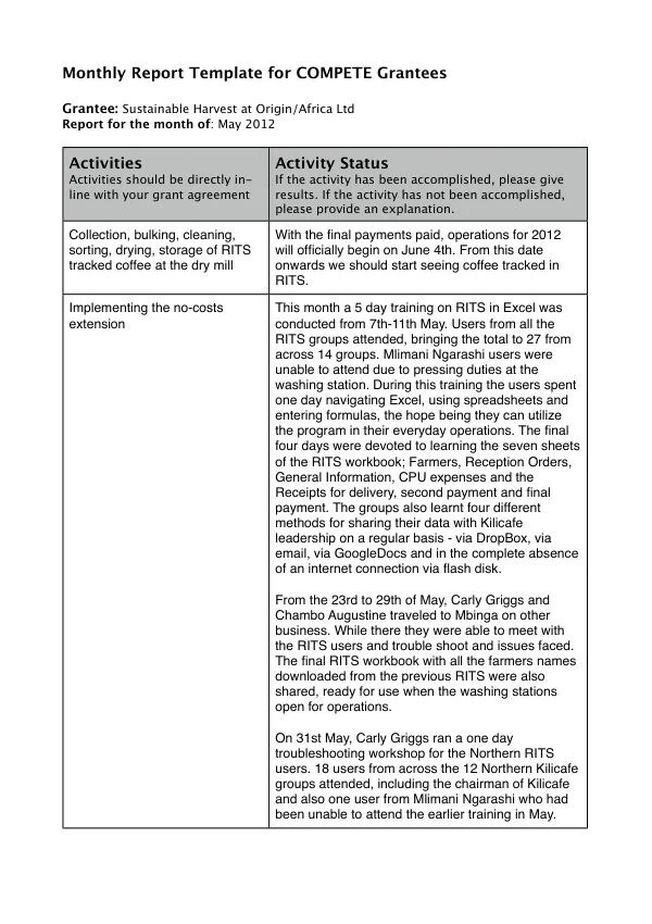 Monthly Report Template for COMPETE Grantees