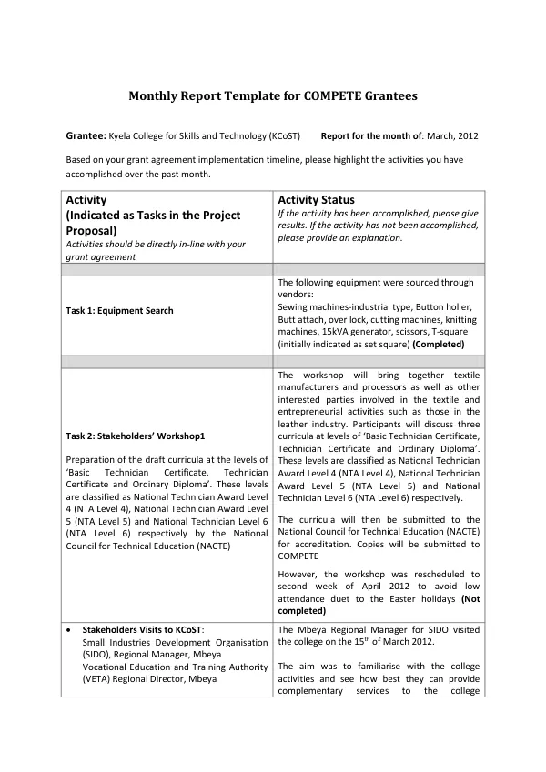 Monthly Report Template for COMPETE Grantees