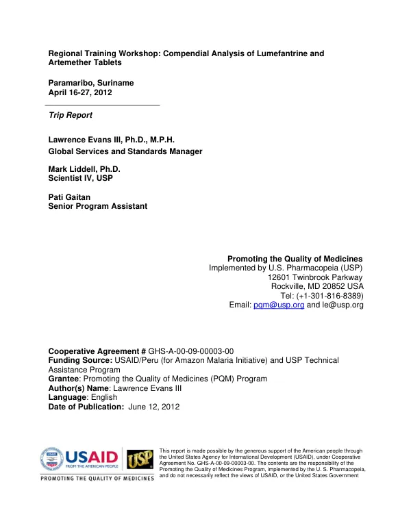 Regional Training Workshop: Compendial Analysis of Lumefantrine and Artemether Tablets