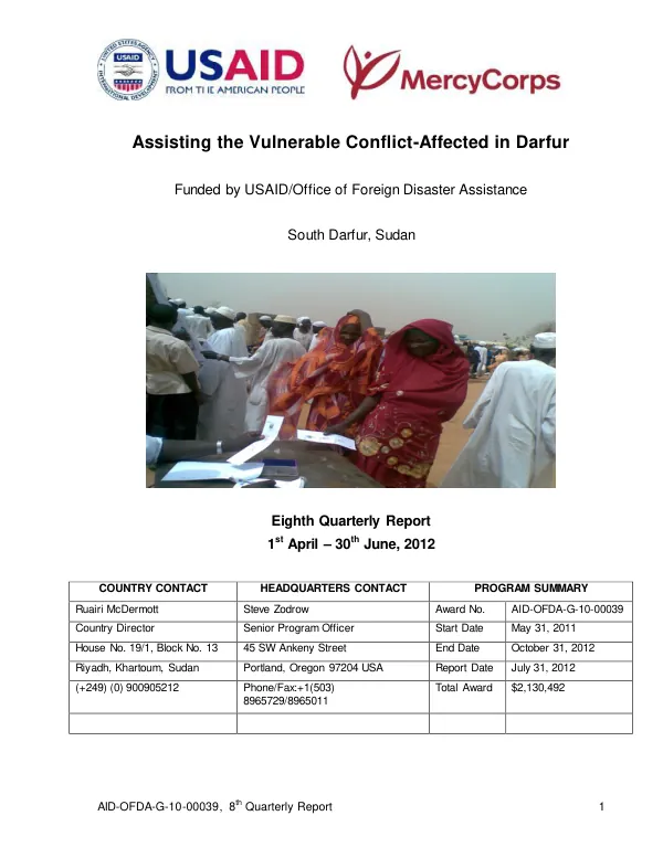 8th Quarterly Report: Assisting the Vulnerable Conflict-Affected in Darfur