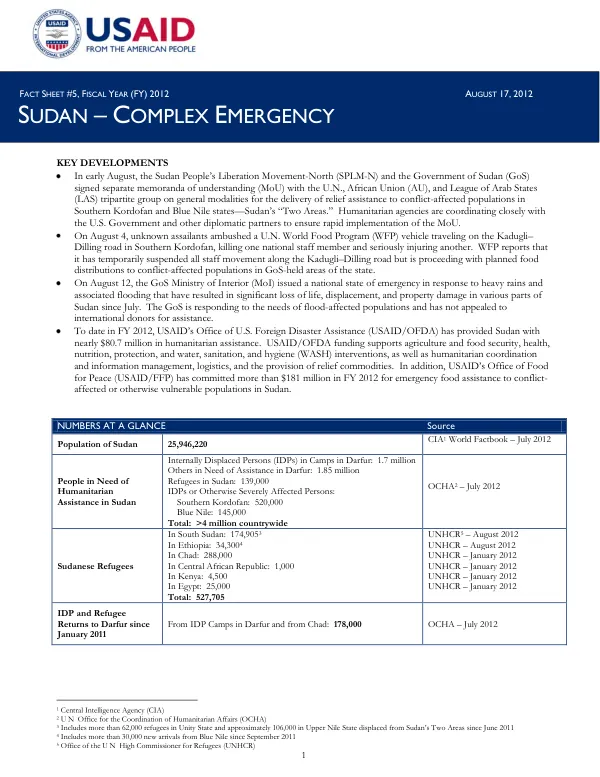 Sudan – Complex Emergency Fact Sheet #5, Fiscal Year (FY) 2012