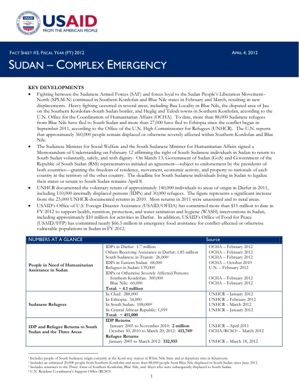 Sudan – Complex Emergency Fact Sheet #3, Fiscal Year (FY) 2012