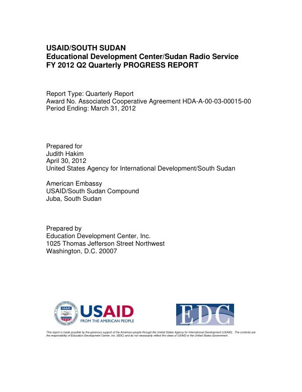 EDC-SRS Quarterly Report; Award No. Associated Cooperative Agreement HDA-A-00-03 0015 00
