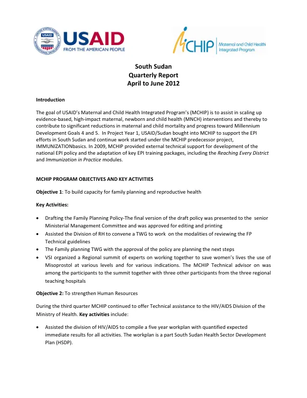 MCHIP South Sudan FY12 Q3 Report
