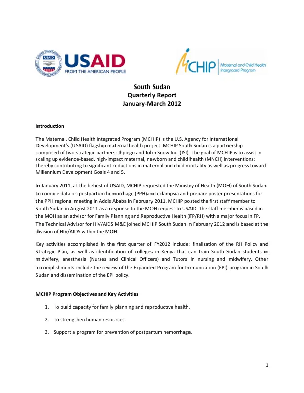 MCHIP South Sudan FY12_Q2 Report