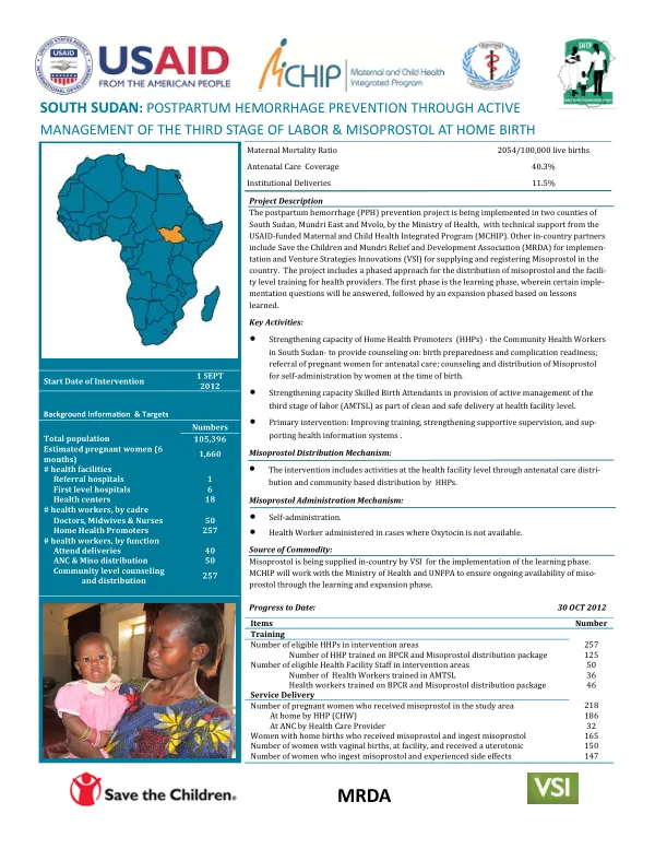 SOUTH SUDAN: POSTPARTUM HEMORRHAGE PREVENTION THROUGH ACTIVE MANAGEMENT OF THE THIRD STAGE OF LABOR & MISOPROSTOL AT HOME BIRTH