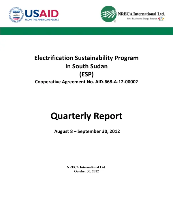 Electrification Sustainability Program In South Sudan Quarterly Report