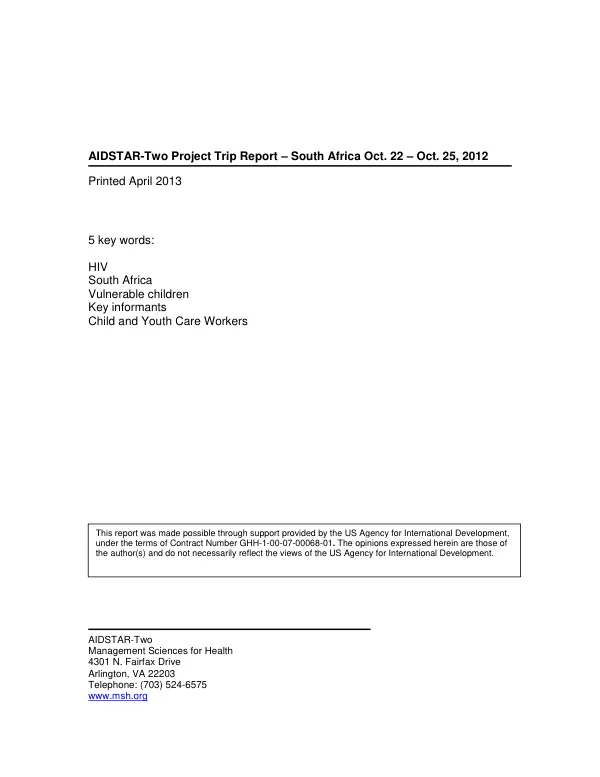 AIDSTAR-Two Project Trip Report – South Africa Oct. 22 – Oct. 25, 2012