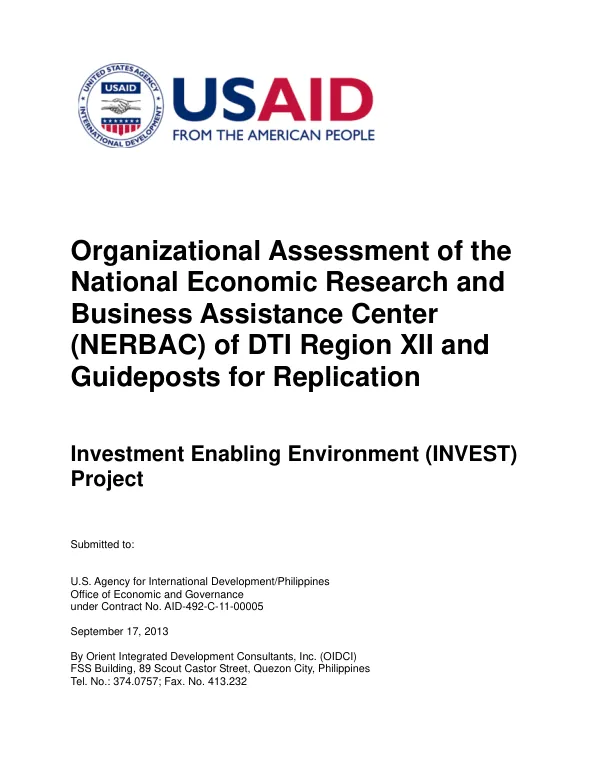 Organizational Assessment of the National Economic Research and Business Assistance Center (NERBAC) of DTI Region XII and Guideposts for Replication