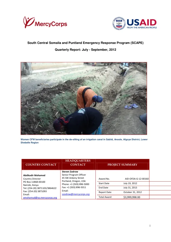 South Central Somalia and Puntland Emergency Response Program (SCAPE) Quarterly Report (July – September 2012)