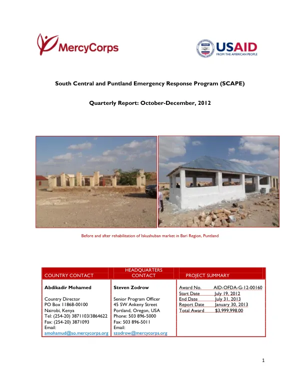 South Central and Puntland Emergency Response Program (SCAPE) Quarterly Report: October-December, 2012