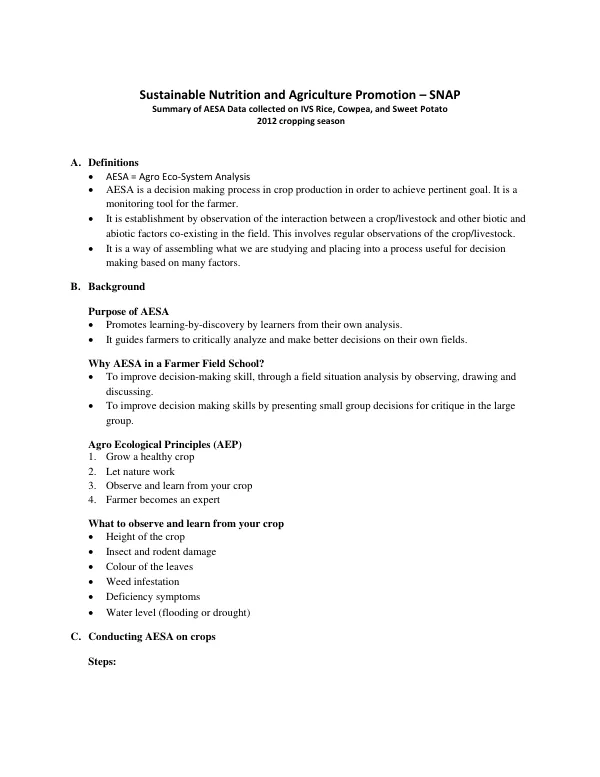 Sustainable Nutrition and Agriculture Promotion – SNAP Summary of AESA Data collected on IVS Rice, Cowpea, and Sweet Potato 2012 cropping season