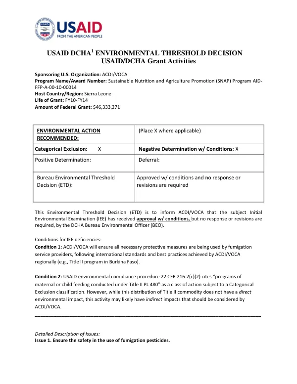 USAID DCHA1 ENVIRONMENTAL THRESHOLD DECISION