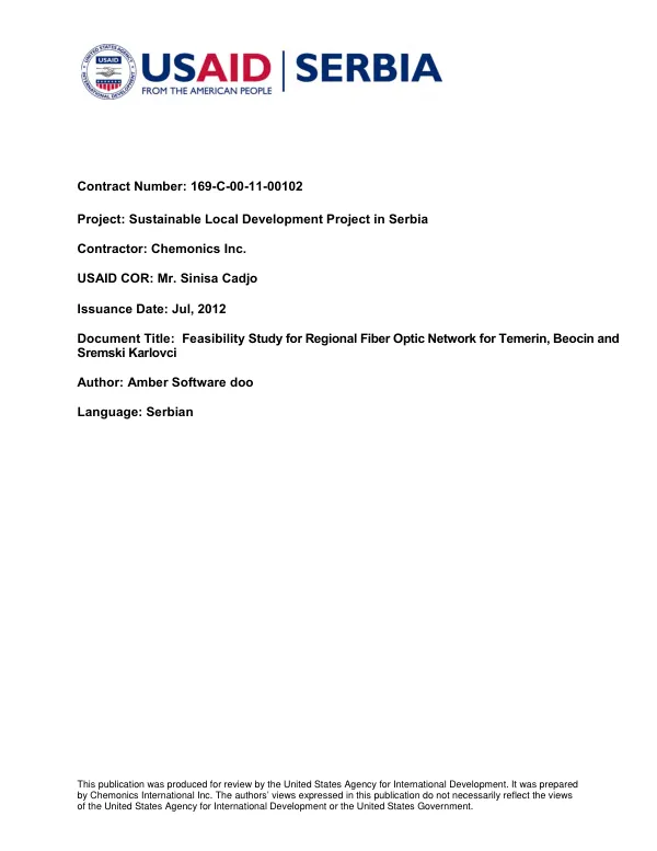 Feasibility Study for Regional Fiber Optic Network for Temerin, Beocin and Sremski Karlovci