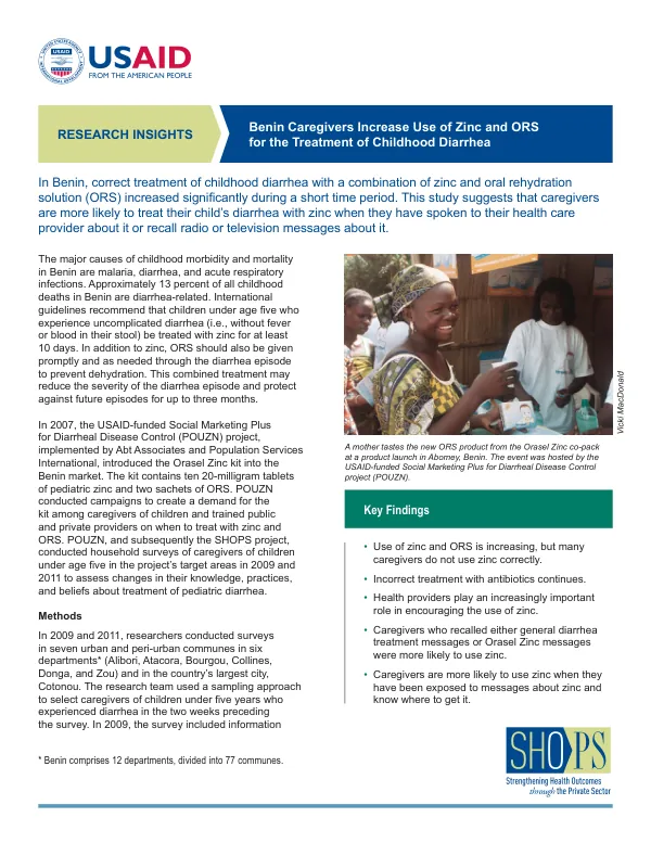 Research Insights: Benin Caregivers Increase Use of Zinc and ORS for the Treatment of Childhood Diarrhea