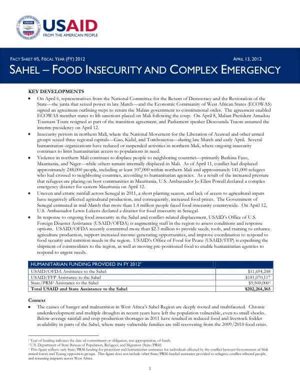 Sahel Food Insecurity Fact Sheet #5, Fiscal Year (FY) 2012