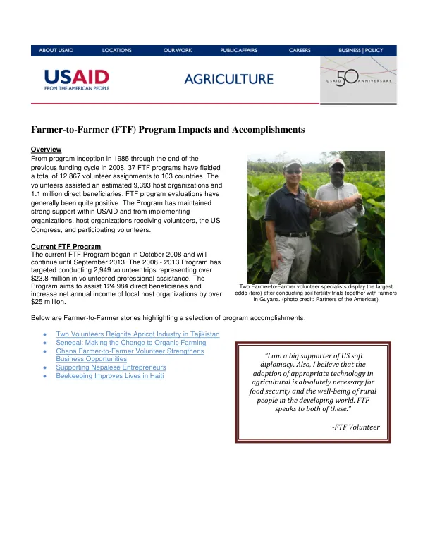 Farmer-to-Farmer (FTF) Program Impacts and Accomplishments