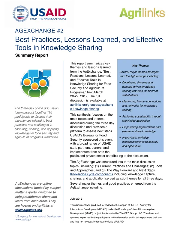 AgExchange #2: Best Practices, Lessons Learned, and Effective Tools in Knowledge Sharing for Food Security and Agriculture Programs