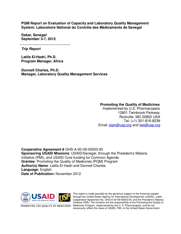 PQM Report on Evaluation of Laboratory Capacity and Quality Management System for Senegal
