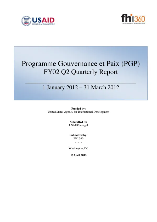 Quarterly Performance Report FY 2012 Q2: Programme Gouvernance et Paix (PGP)—Senegal