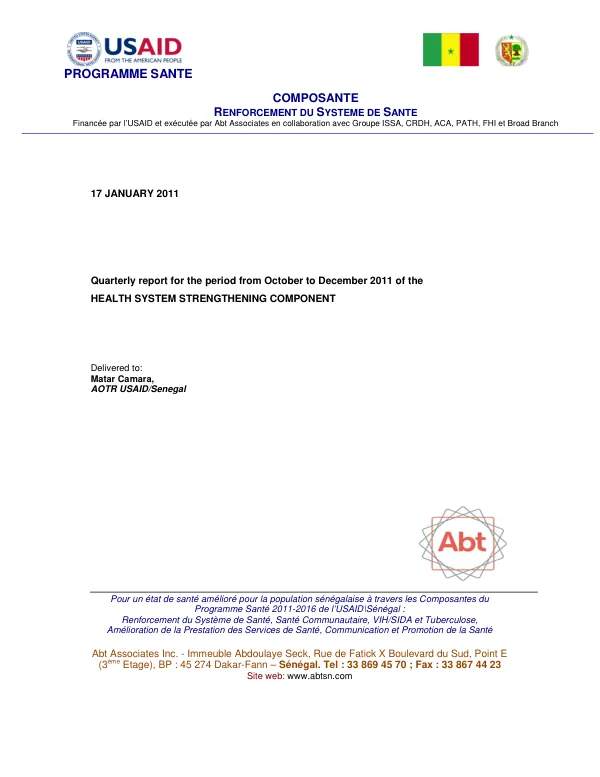 Quarterly Report for the Health System Strengthening Component