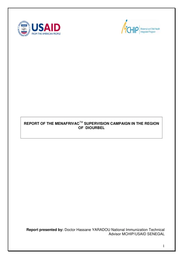 REPORT OF THE MENAFRIVACTM SUPERVISION CAMPAIGN IN THE REGION OF DIOURBEL