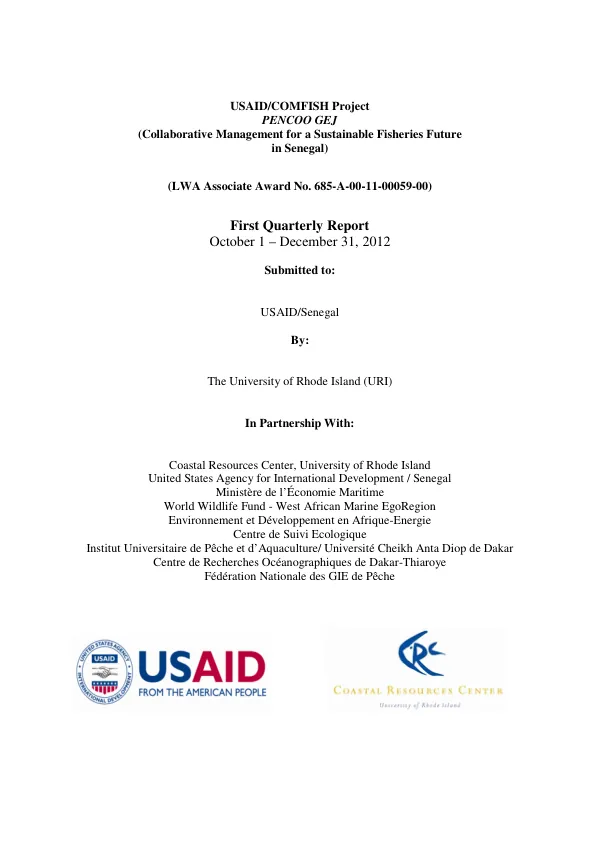First Quarterly Report: October 1 – December 31, 2012, USAID/COMFISH Project
