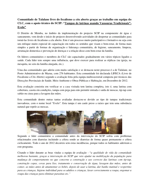 Comunidade de Talalane livre do fecalismo a céu aberto graças ao trabalho em equipa do CLC