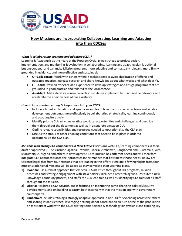 How Missions are Incorporating Collaborating, Learning and Adapting into their CDCSes