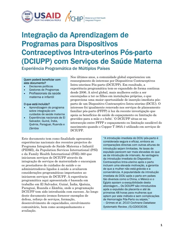 Integração da Aprendizagem de Programas para Dispositivos Contraceptivos Intra-uterinos Pós-parto com Serviços de Saúde Materna