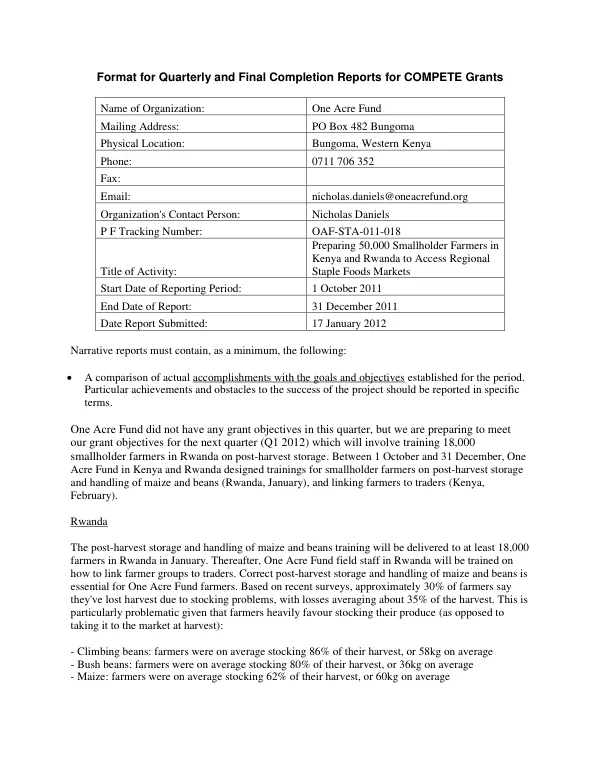 Quarterly and Final Completion Reports for COMPETE Grants