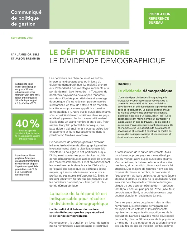 Le défi d’atteindre le dividende démographique