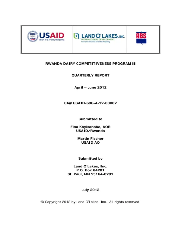 Rwanda Dairy Competitiveness Program II Quarterly Report April – June 2012