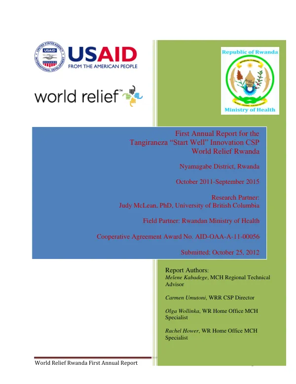 First Annual Report: World Relief Rwanda Tangiraneza 'Start Well' Innovation CSP