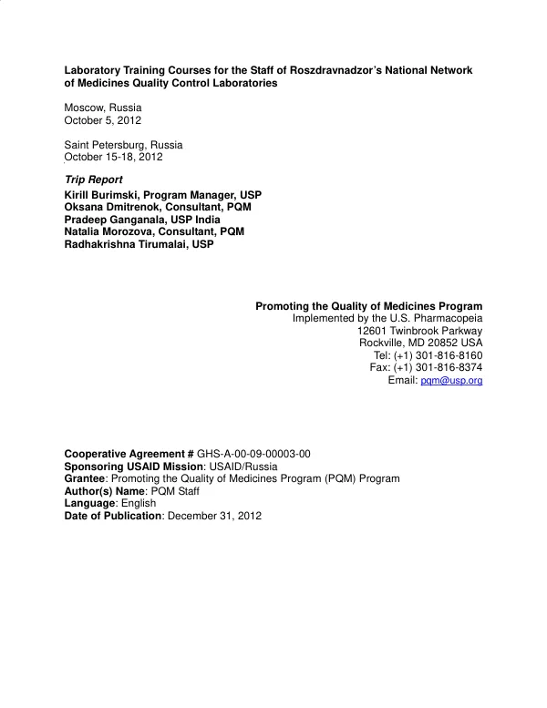 Final Report: Laboratory Training Courses for the Staff of Roszdravnadzor’s National Network of Medicines Quality Control Laboratories